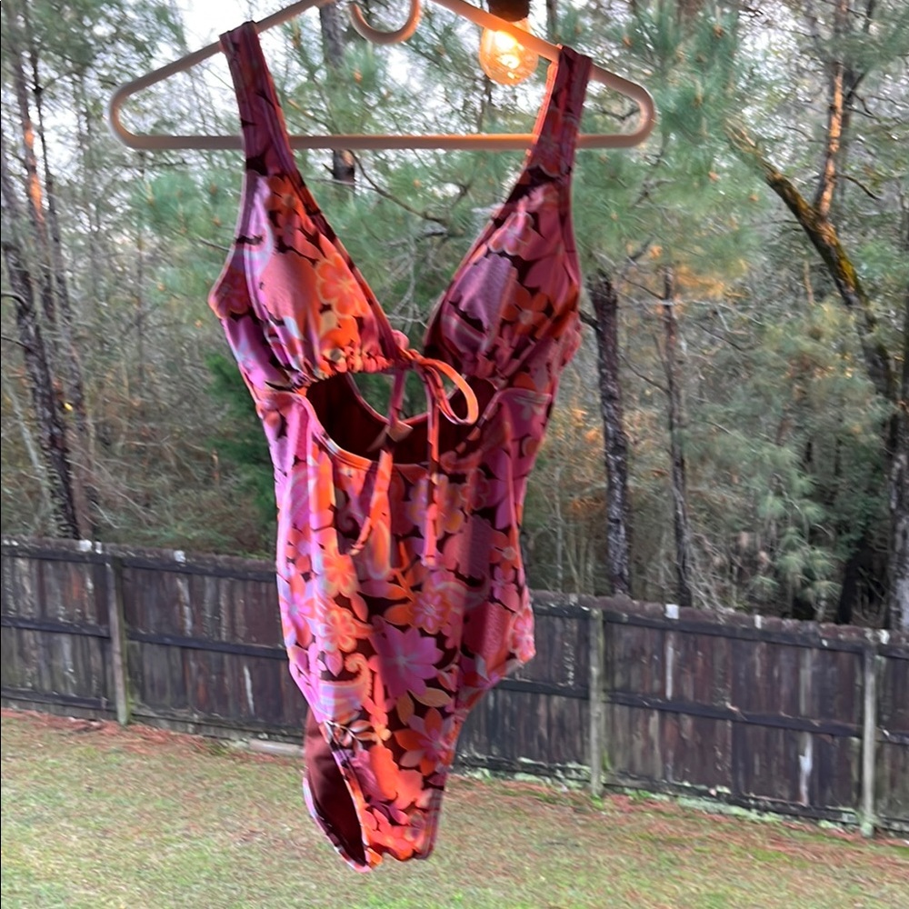 Pink and Orange Abstract One Piece Swimsuit with Halter Neck